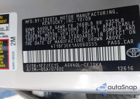 2010 Toyota Camry Se/Le/Xle из США, поврежденный, VIN 4T1BF3EK1AU060555